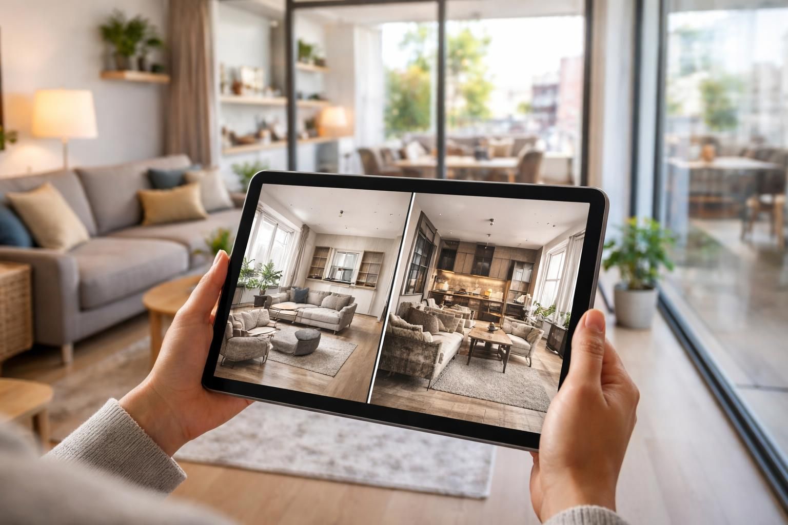 comparez facilement deux appartements en temps réel grâce à une tablette tactile pour une prise de décision rapide et intuitive.