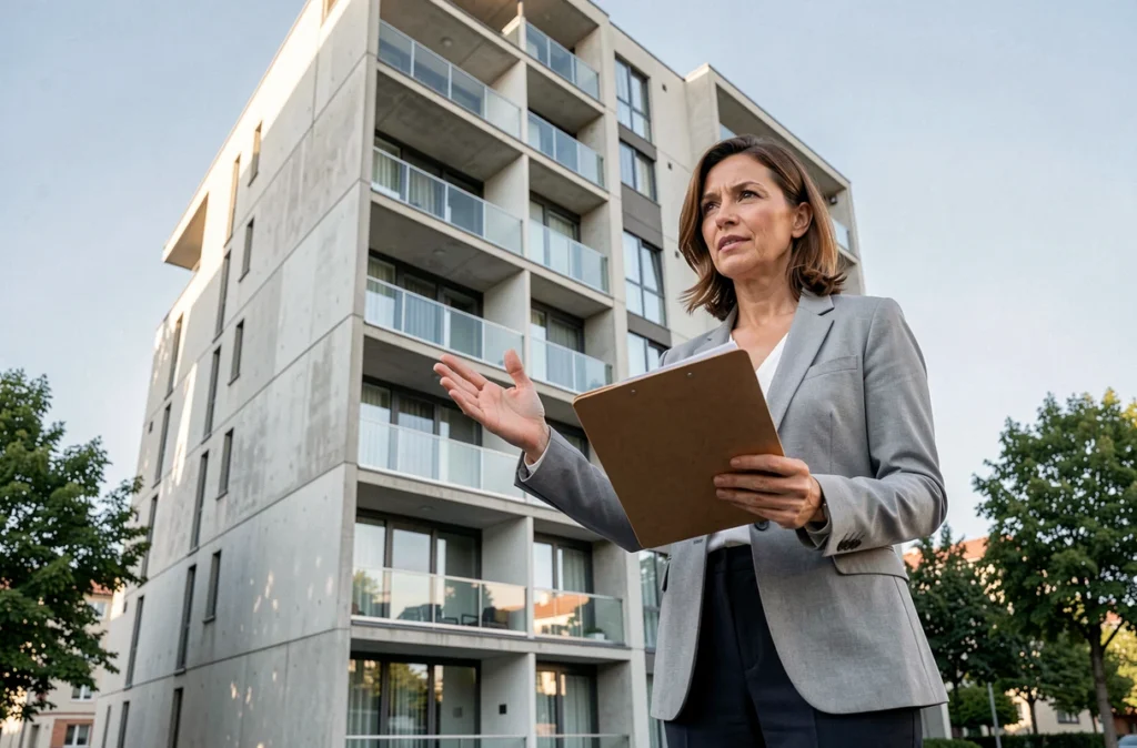 Femme agent immobilier devant un immeuble éligible à la loi Pinel avec dossier de ressources en main