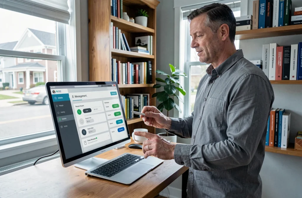 Agent immobilier paramétrant les options de visibilité d'un logiciel de gestion de propriétés sur tablette