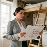Femme agent immobilier tenant un plan dans un studio T1bis parisien avec mezzanine et kitchenette intégrée