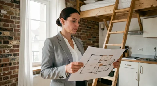 Femme agent immobilier tenant un plan dans un studio T1bis parisien avec mezzanine et kitchenette intégrée