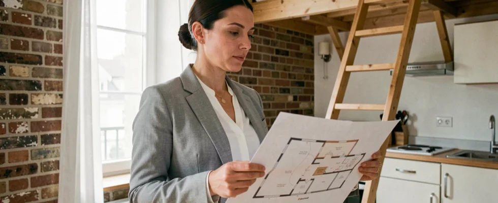 Femme agent immobilier tenant un plan dans un studio T1bis parisien avec mezzanine et kitchenette intégrée