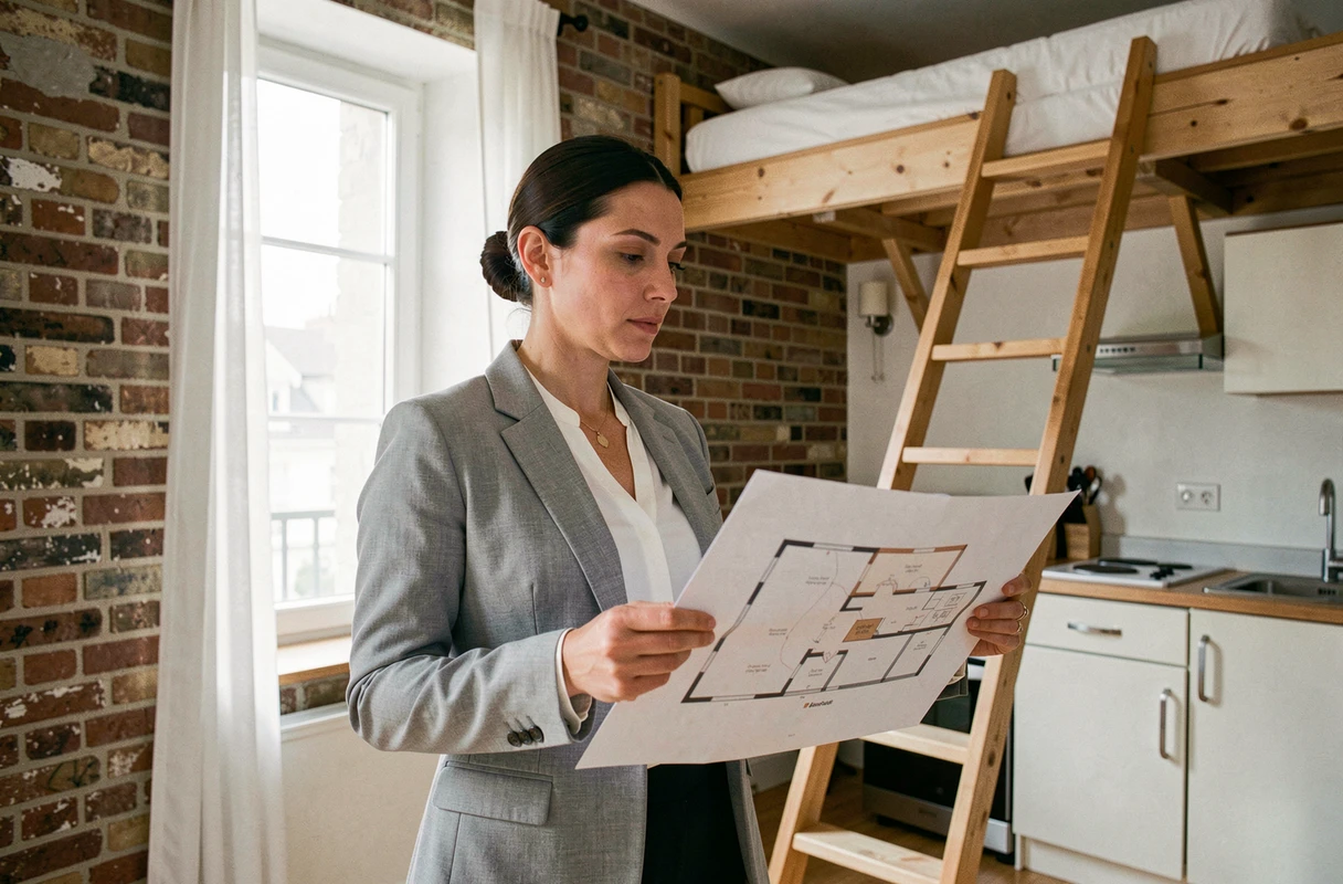 Femme agent immobilier tenant un plan dans un studio T1bis parisien avec mezzanine et kitchenette intégrée