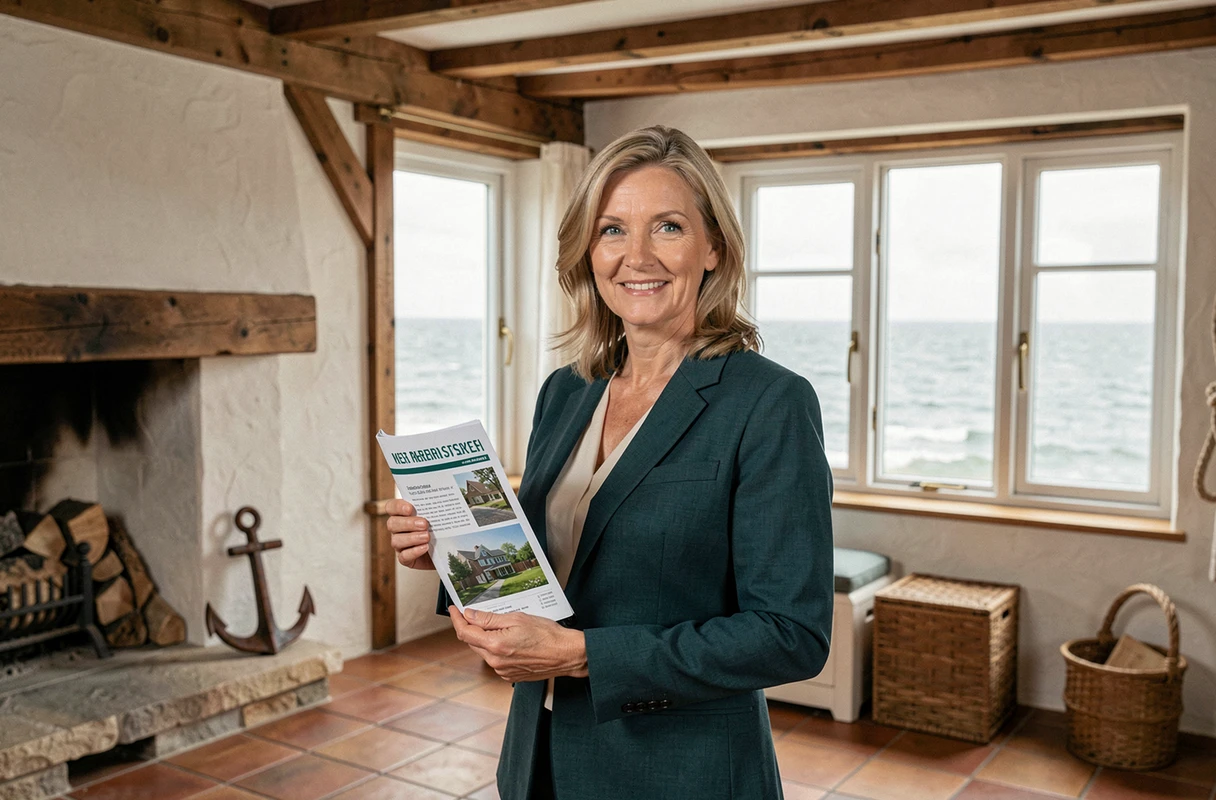 Agente immobilière présentant une propriété en bord de mer en Normandie lors d'une visite