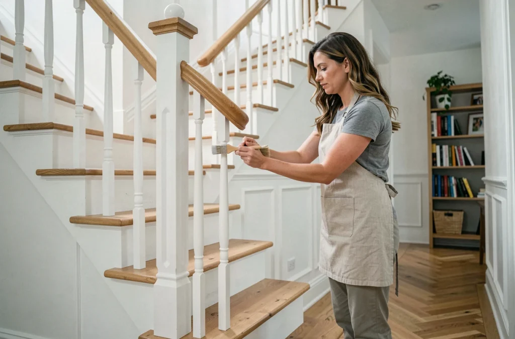 Femme appliquant une lasure transparente sur les barreaux d'un escalier en bois rénové dans un intérieur moderne