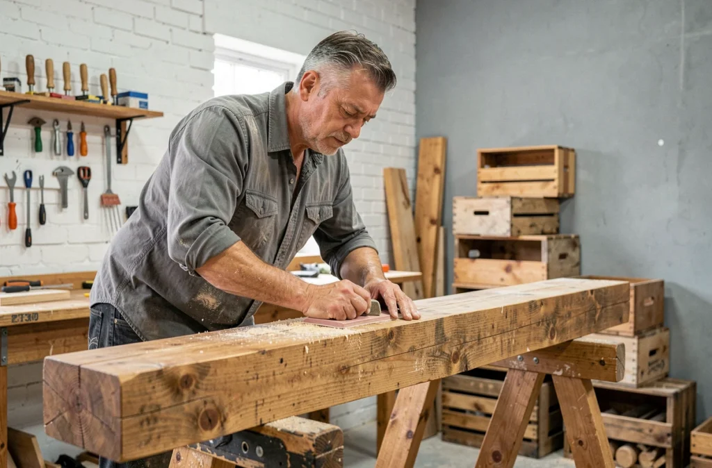 Artisan en atelier ponçant une poutre en bois recyclé destinée à une rénovation contemporaine
