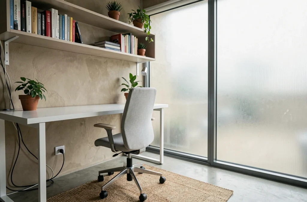 Bureau à domicile réorganisé face à une fenêtre latérale pour profiter de la lumière naturelle ambiante tout en évitant les reflets sur l'écran