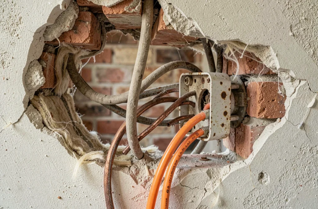 Câblage électrique obsolète en gaine tissu découvert dans un mur ancien lors de travaux de rénovation électrique