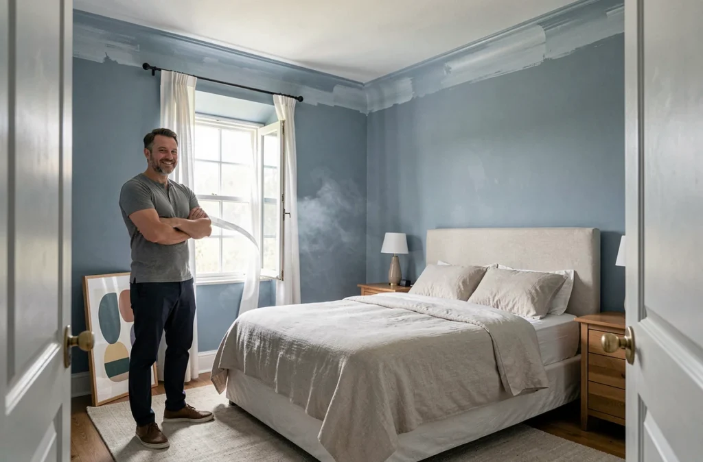 Homme admirant une chambre transformée après une peinture murale bleu cendré apaisante