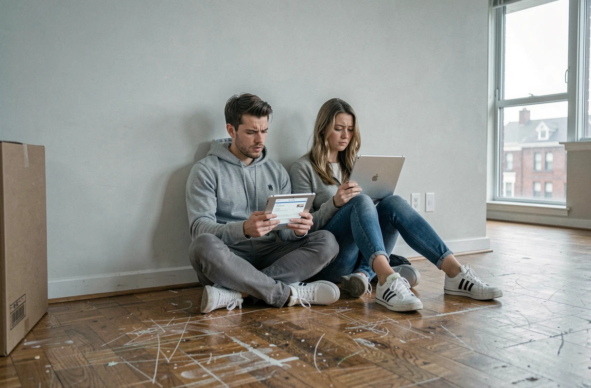 Deux jeunes adultes bénéficiaires du RSA recherchant un logement sur une tablette dans un appartement vide en début de parcours