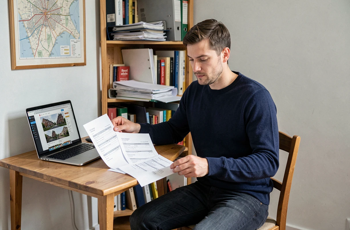 Jeune homme comparant deux contrats de location T1 et T1bis sur un bureau dans un appartement parisien