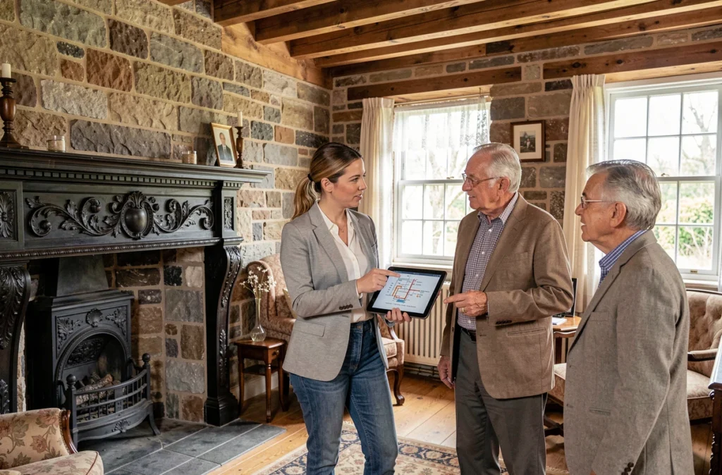 Conseillère en rénovation énergétique présentant un projet de chauffage à des propriétaires d'une maison ancienne