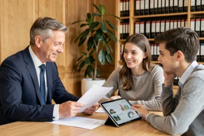 Conseiller financier expliquant le plafond de ressources loi Pinel à un couple dans un bureau notarial parisien