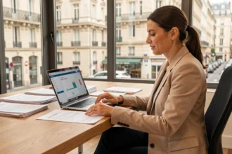 Conseillère immobilière à Lyon analysant une estimation de loyer sur ordinateur dans une agence moderne