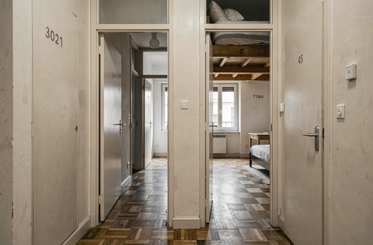 Couloir d'immeuble résidentiel français montrant deux appartements distincts T1 et T1bis avec leurs configurations intérieures visibles