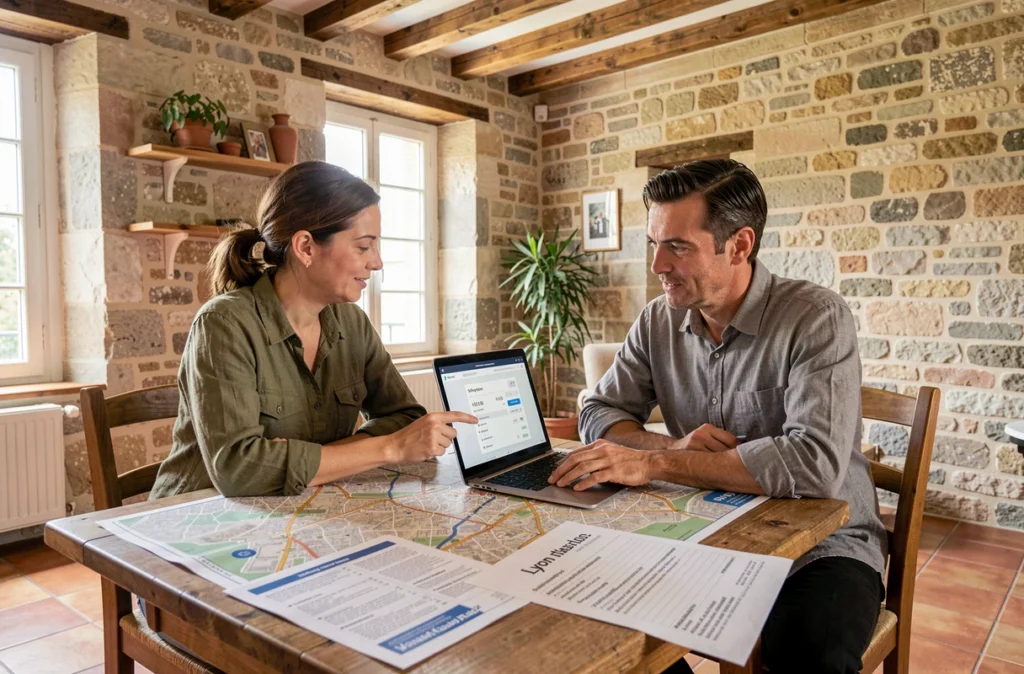 Couple de propriétaires lyonnais comparant les prix de location du marché immobilier local à domicile