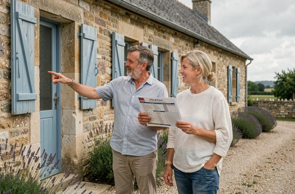 Couple de propriétaires inspectant leur gîte de France avec une liste de critères de classement à l'entrée d'un cottage en pierre