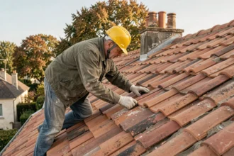 Couvreur posant des tuiles en terre cuite sur un toit en pente lors d'une rénovation résidentielle en automne