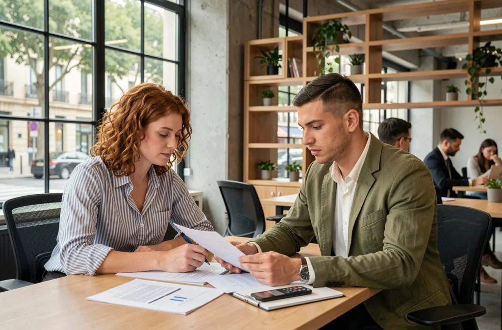 Deux professionnels en télétravail dans un espace de coworking moderne du quartier Préfecture à Marseille