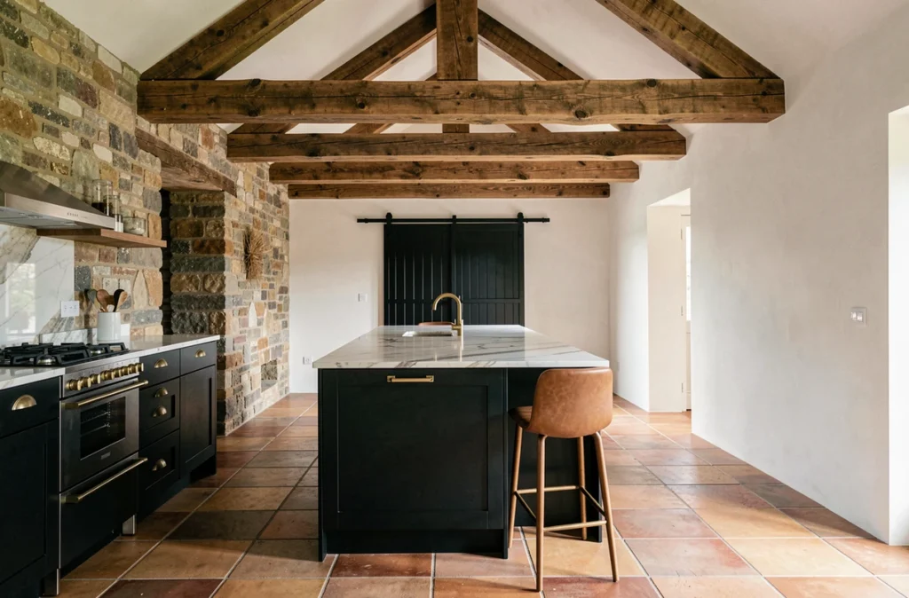 Cuisine moderne sous poutres en châtaignier apparent dans une grange rénovée avec îlot en marbre et acier noir