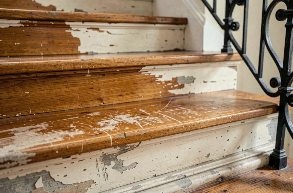 Détail d'une marche d'escalier en bois partiellement rénovée, contraste entre bois vernis neuf et ancienne peinture usée