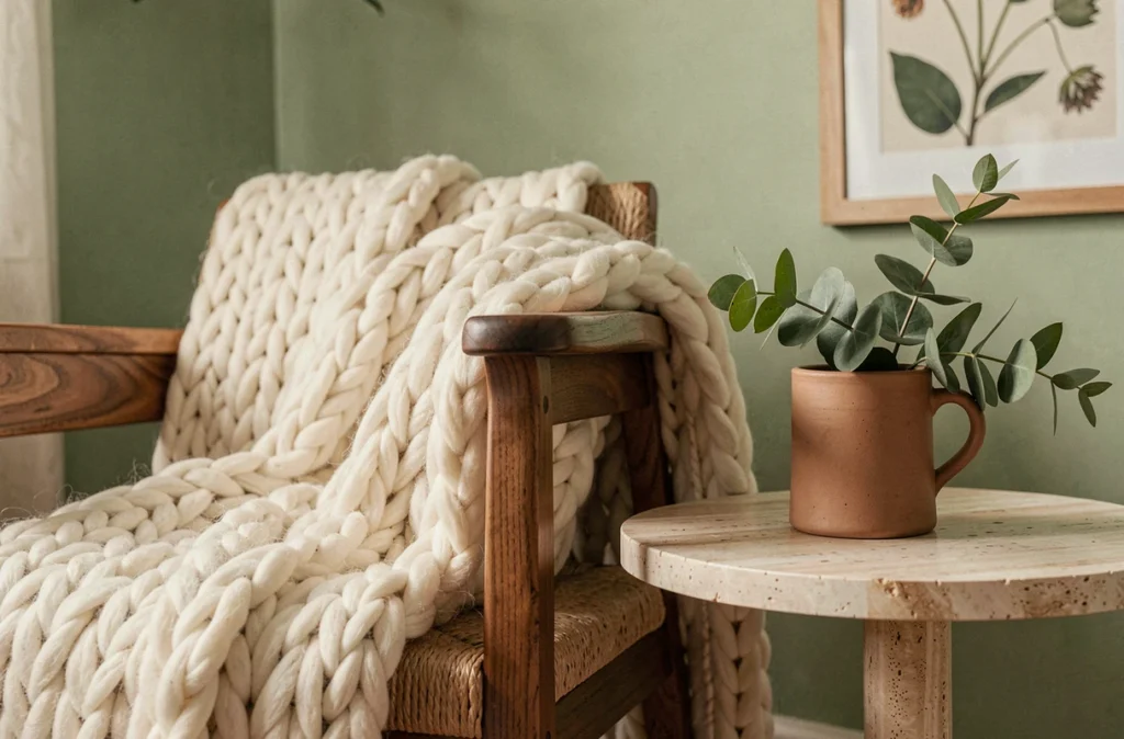 Détail de coin salon avec plaid en laine naturelle, fauteuil en noyer et table d'appoint en travertin dans un intérieur naturel