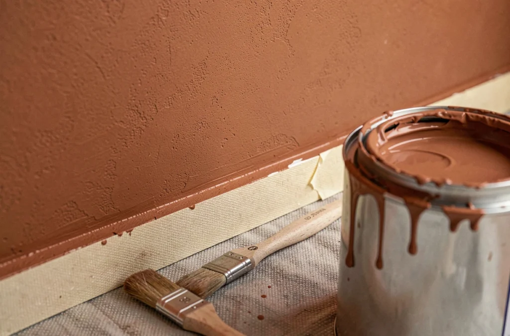 Détail d'un mur en cours de peinture avec bande de masquage et pot de peinture terracotta ouvert