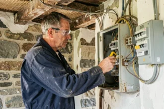 Électricien inspectant un ancien tableau électrique avec fusibles céramiques dans une vieille bâtisse en pierre lors d'une mise aux normes