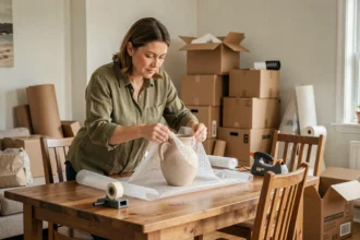 Femme emballant un vase fragile avec du papier bulle lors d'un déménagement
