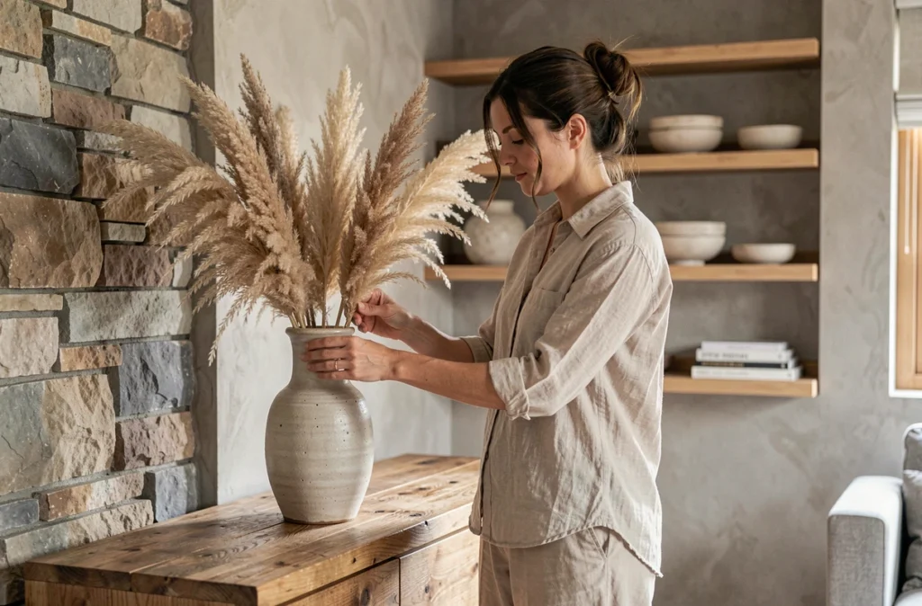 Femme arrangeant des herbes de la pampa dans un vase en céramique sur un meuble en bois brut dans un salon naturel