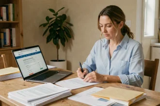 Femme consultant des documents administratifs avant un déménagement, assise à une table avec des formulaires et un ordinateur portable