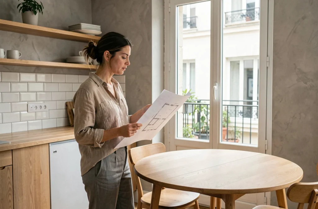 Femme réfléchissant à l'agencement d'une cuisine parisienne pour optimiser la lumière naturelle avec un plan de réaménagement à la main