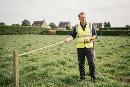 Géomètre mesurant une parcelle de terrain en campagne française, conversion are en mètre carré