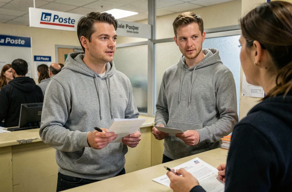 Homme effectuant un changement d'adresse au bureau de poste en tenant un formulaire officiel