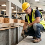 Ingénieur en structure inspectant une reprise en sous-œuvre de fondation dans un bâtiment commercial en activité