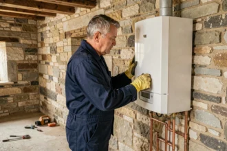 Technicien installant une chaudière à condensation moderne dans une maison ancienne en pierre