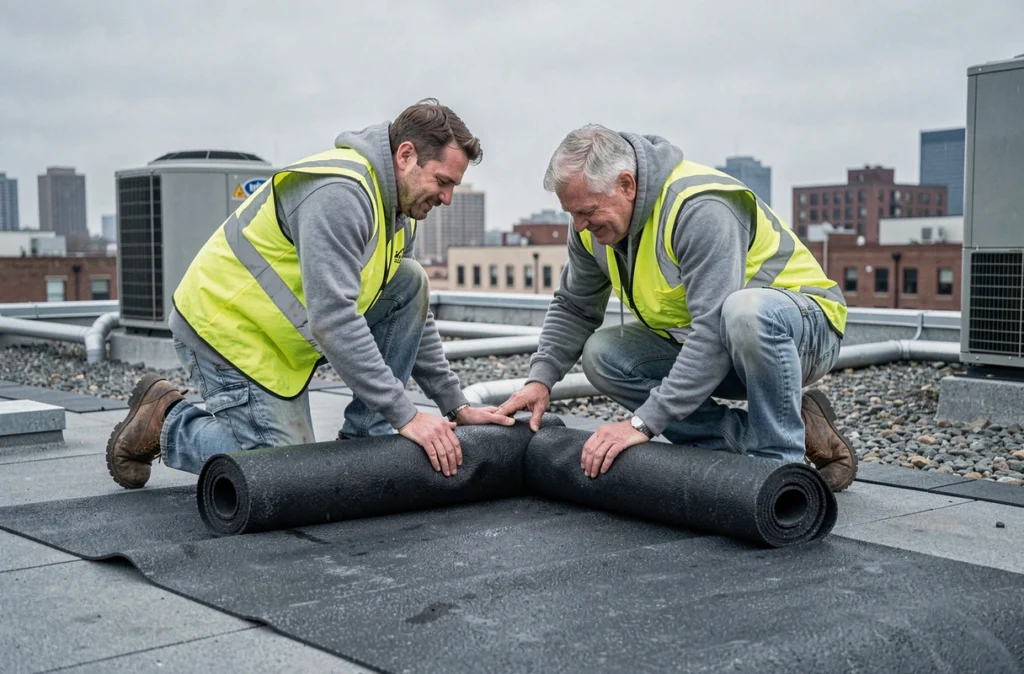 Deux couvreurs installant une membrane bitumineuse sur un toit plat commercial en milieu urbain