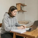 Jeune femme adulte bénéficiaire du RSA consultant des documents administratifs dans un petit studio modeste pour trouver un logement
