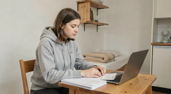Jeune femme adulte bénéficiaire du RSA consultant des documents administratifs dans un petit studio modeste pour trouver un logement