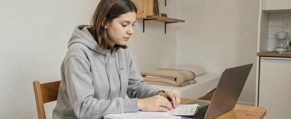 Jeune femme adulte bénéficiaire du RSA consultant des documents administratifs dans un petit studio modeste pour trouver un logement