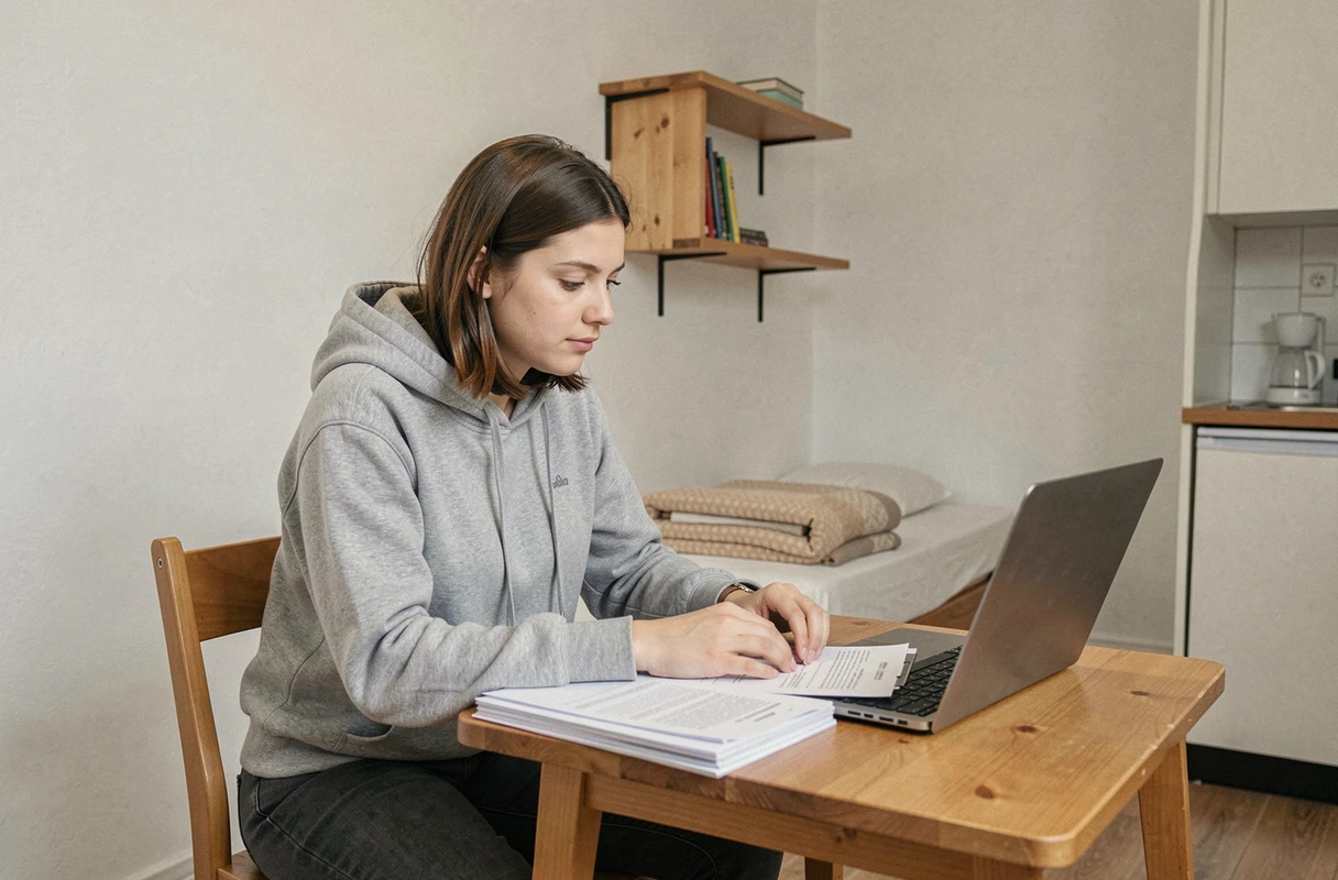 Jeune femme adulte bénéficiaire du RSA consultant des documents administratifs dans un petit studio modeste pour trouver un logement