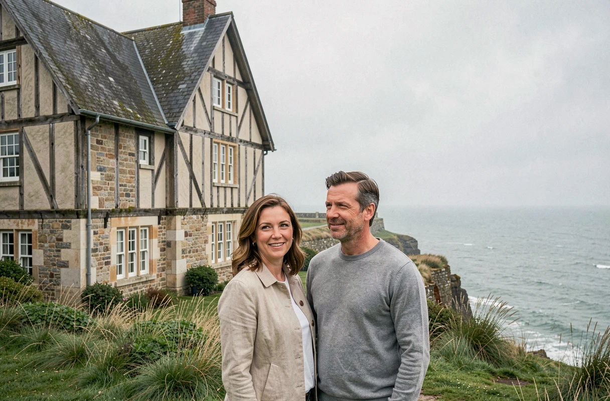 Couple devant une maison normande en bord de mer avec vue sur la Manche