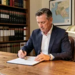 Notaire normand examinant des documents officiels pour un achat immobilier en bord de mer