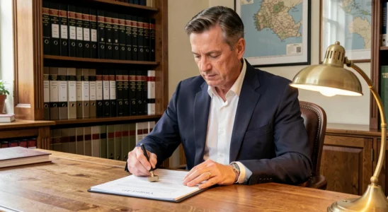 Notaire normand examinant des documents officiels pour un achat immobilier en bord de mer