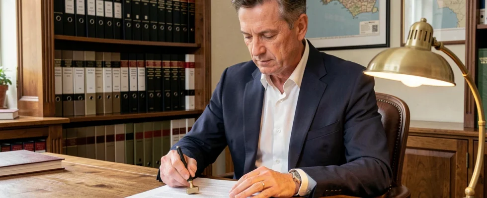 Notaire normand examinant des documents officiels pour un achat immobilier en bord de mer
