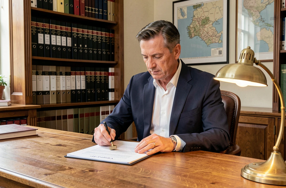 Notaire normand examinant des documents officiels pour un achat immobilier en bord de mer