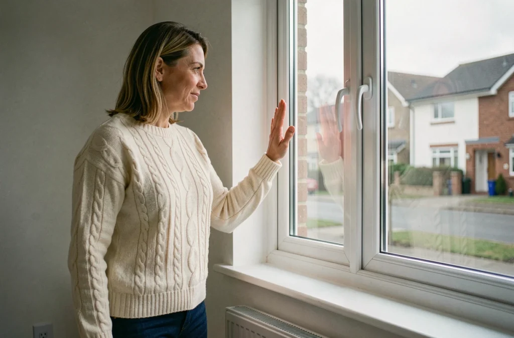 Femme testant l'isolation thermique d'une nouvelle fenêtre double vitrage fraîchement installée