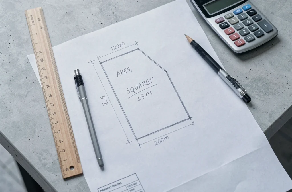 Plan de parcelle foncière avec annotations en ares et mètres carrés, règle et calculatrice sur bureau