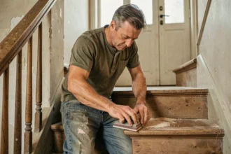 Artisan en train de poncer une marche d'escalier en bois dans une maison ancienne, rénovation sans remplacement