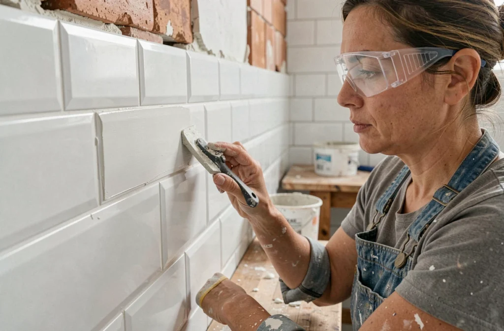 Femme posant du nouveau carrelage blanc dans une salle de bains en rénovation avec joint frais et outil de jointoiement